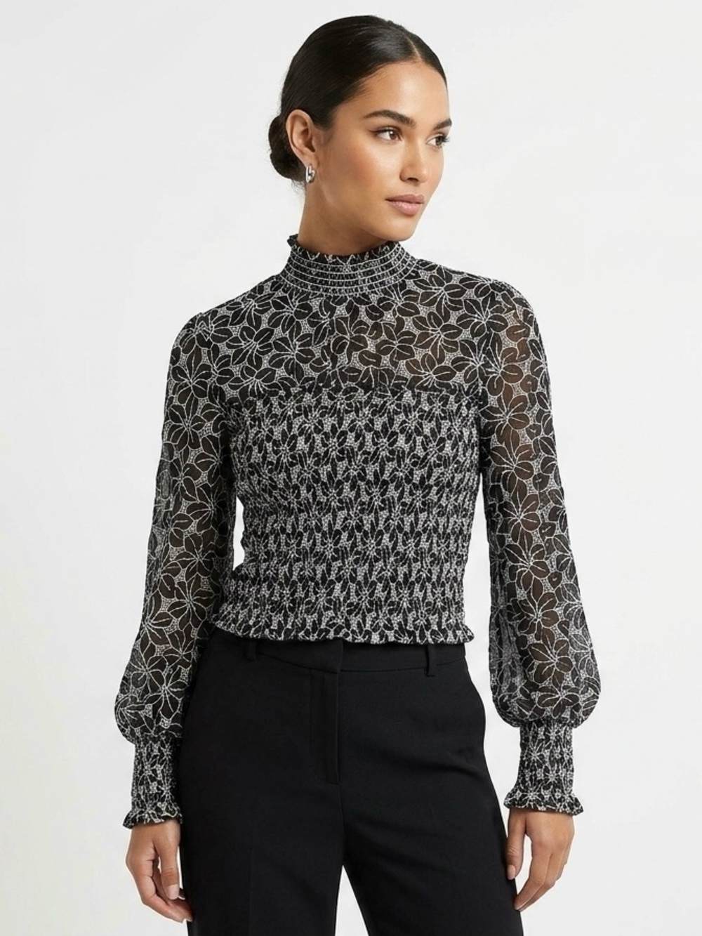 En Saison Black White Embroidered Smocked Mock Neck Blouse Top XS
